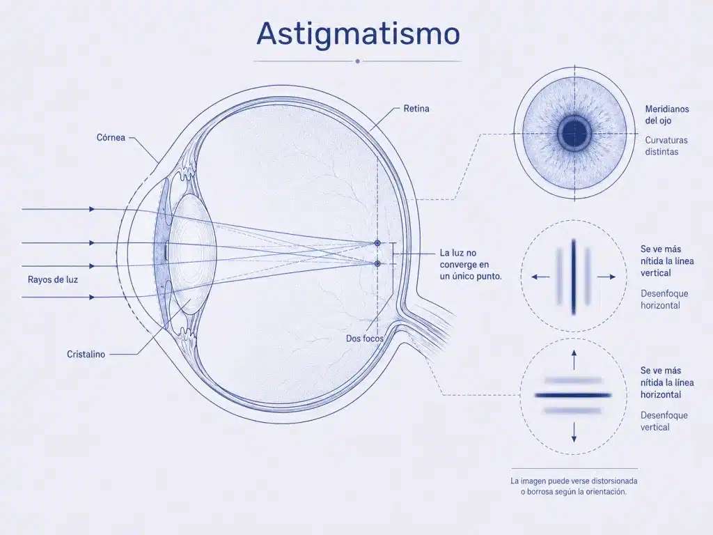 Diagrama del ojo con explicación del enfoque de la luz en el astigmatismo