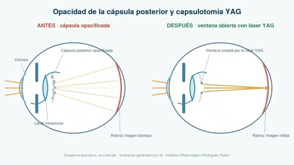Diagrama de opacidad de cápsula posterior antes y después de la capsulotomía YAG