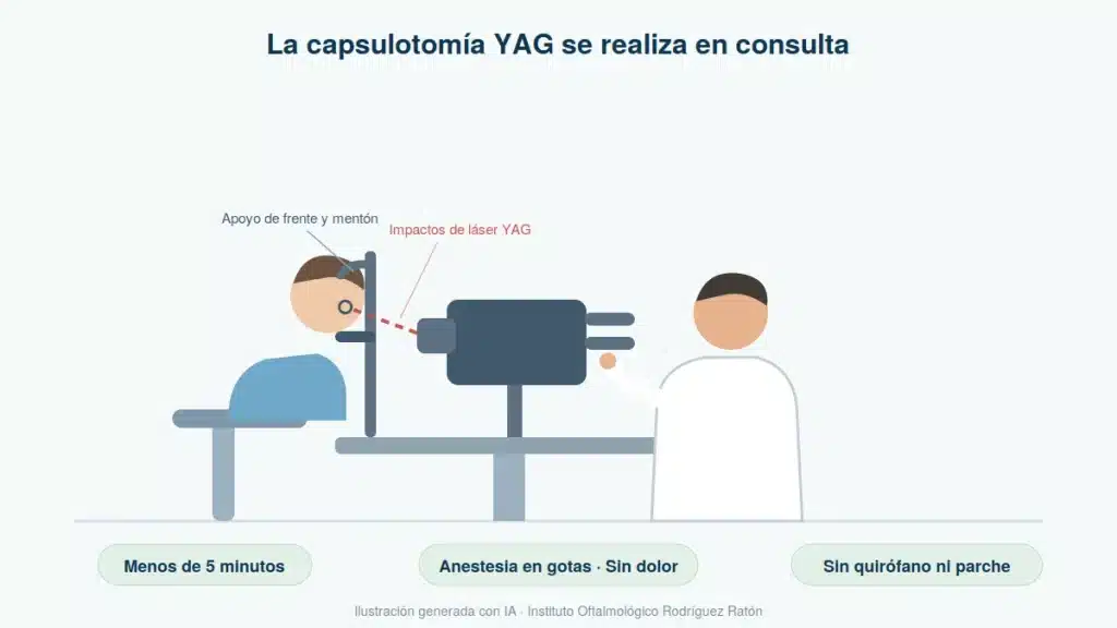 Ilustración del procedimiento de capsulotomía YAG en consulta con lámpara de hendidura