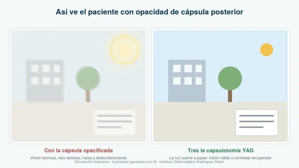 Simulación de visión borrosa con halos por opacidad de cápsula posterior frente a visión nítida tras capsulotomía YAG