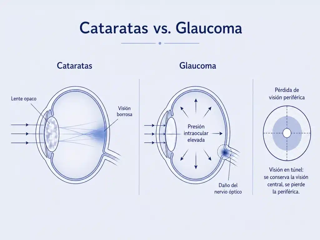 Diagrama comparativo de ojo con cataratas o glaucoma