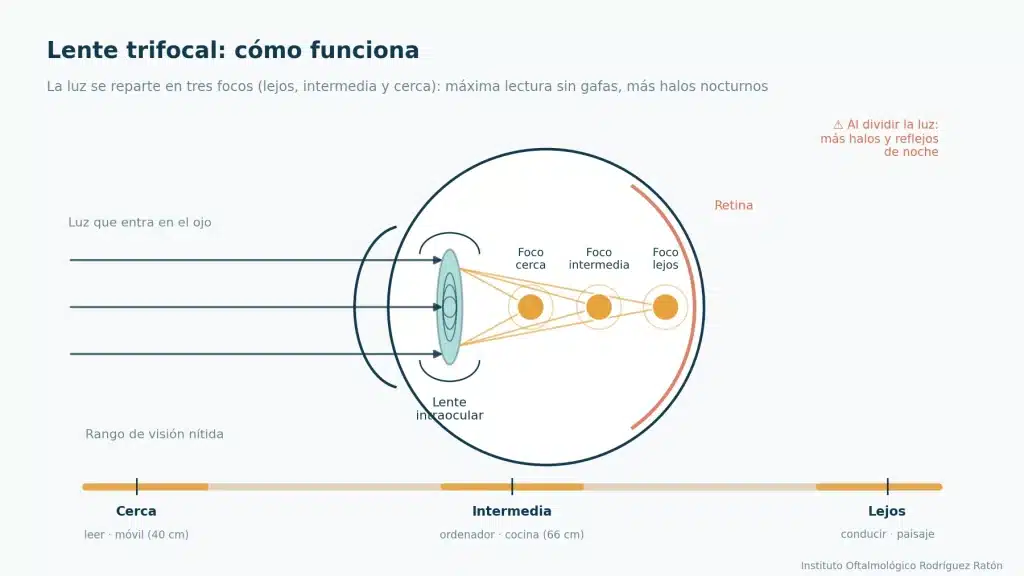 lente-trifocal-como-funciona Esquema del funcionamiento de una lente intraocular trifocal para visión de cerca, intermedia y lejos